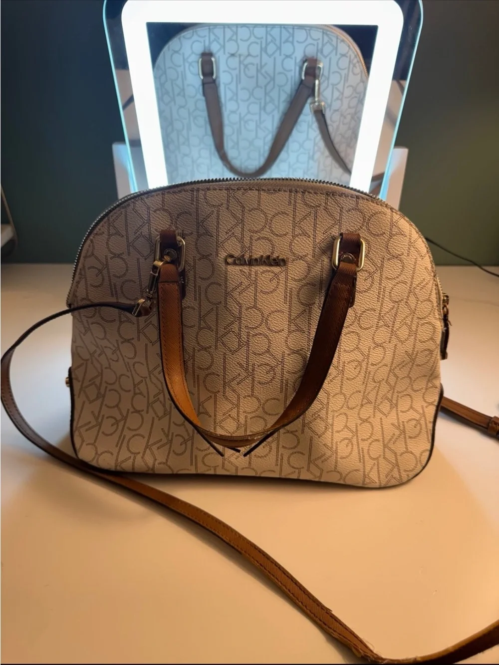 Calvin Klein Cream Logo Dome Satchel with Brown Handles